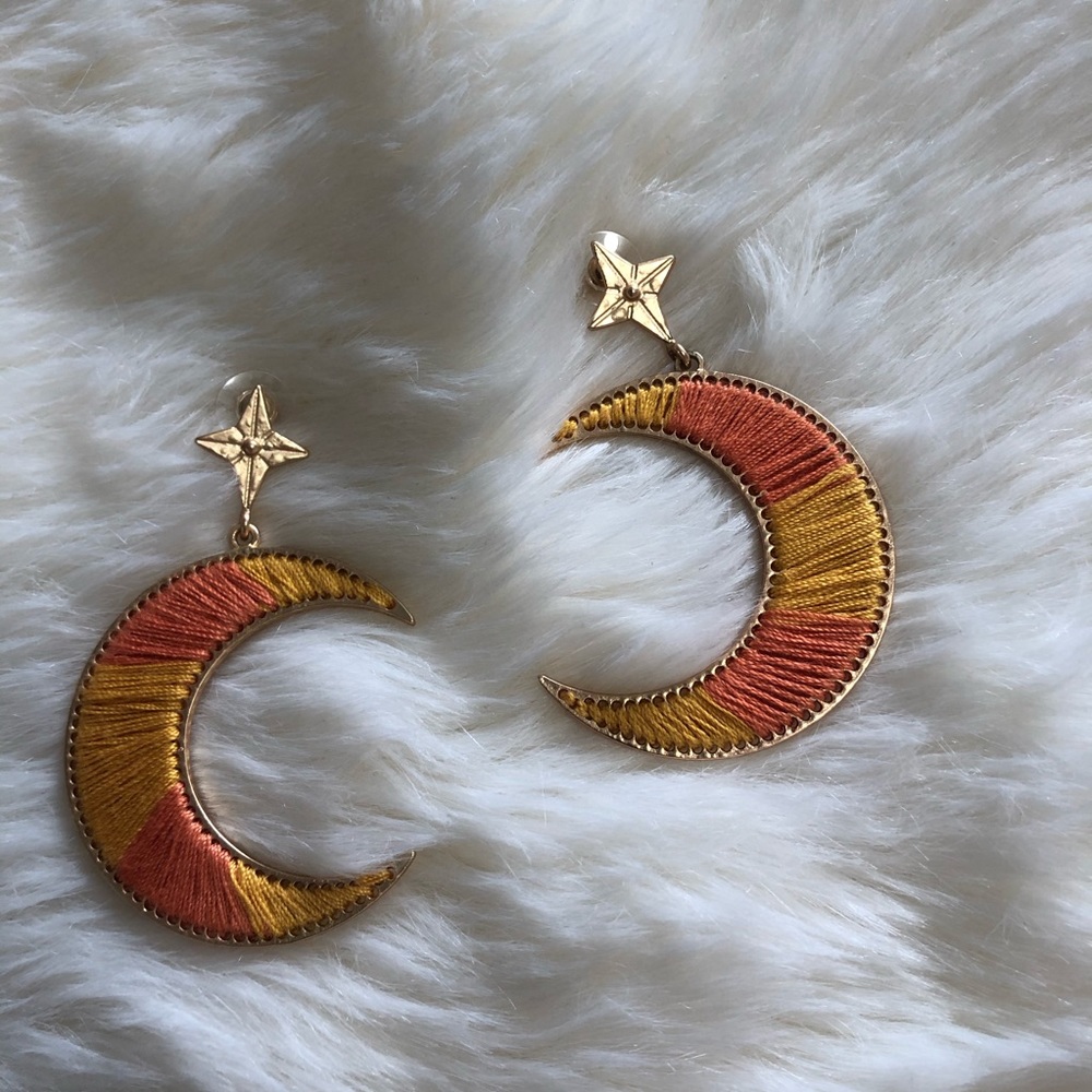 Orange celestial star & moon thread drop earring